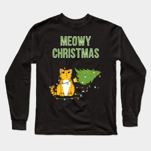 Meowy Christmas Tabby Cat Knocked Over Xmas Tree Long Sleeve T-Shirt